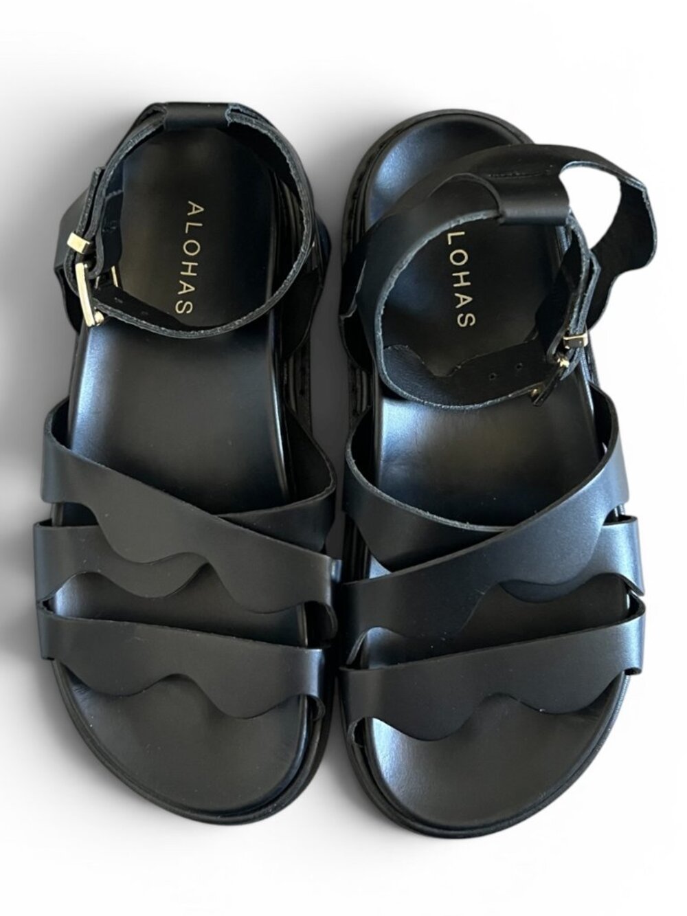 ALOHAS NEW Leather Wave Strap Sandals In Black Size 6.5
